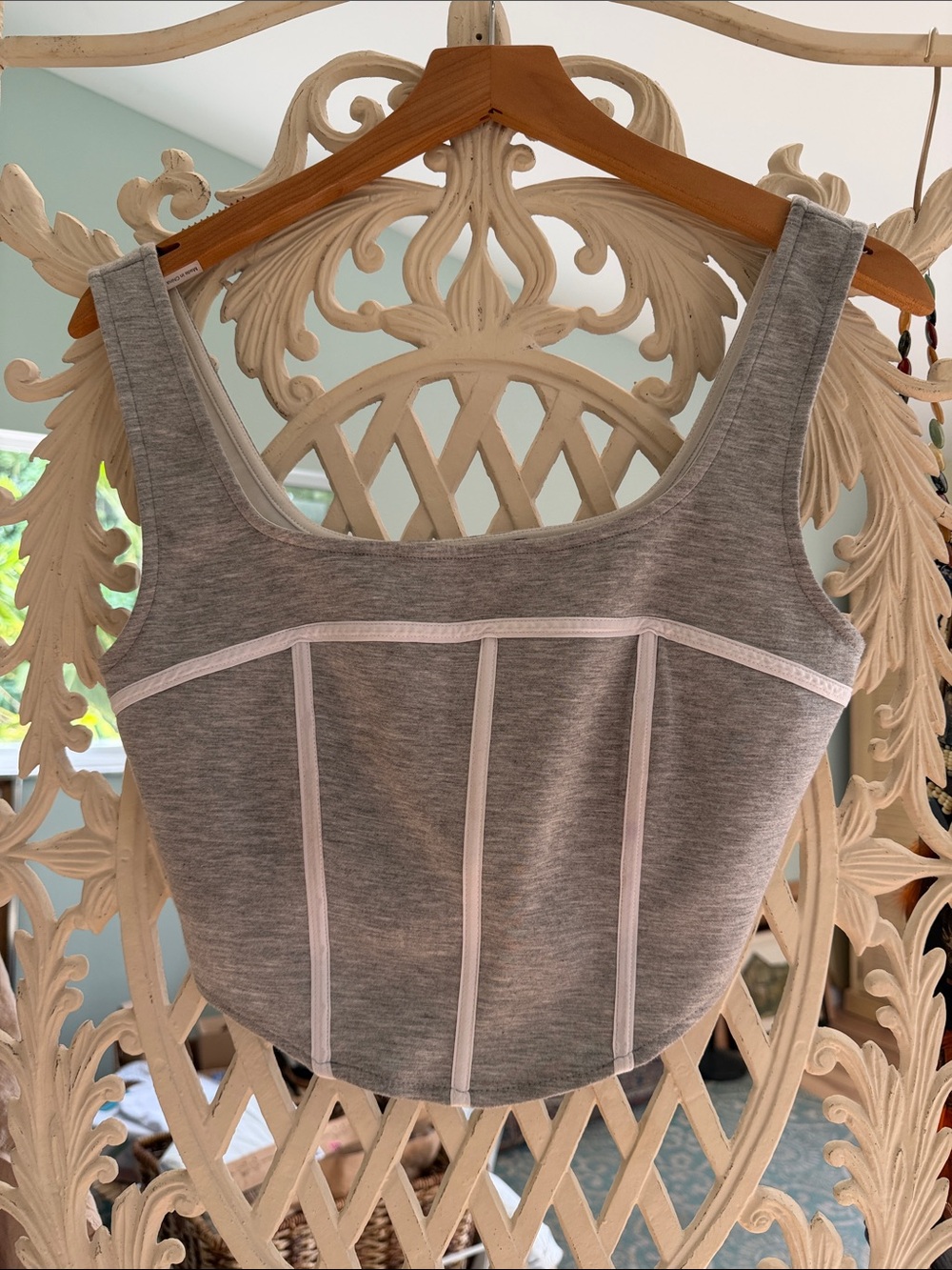 Grey Crop Tank Top with Contrast Seams